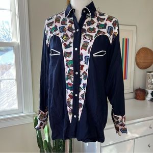 Vintage Blue and White Button Down Blouse with Notched Collar